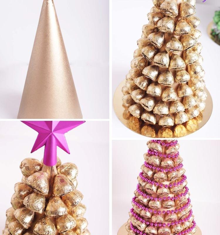 DIY vianočný stromček vyrobený zo sladkostí a korálikov DIY vianočný stromček vyrobený zo sladkostí a korálikov