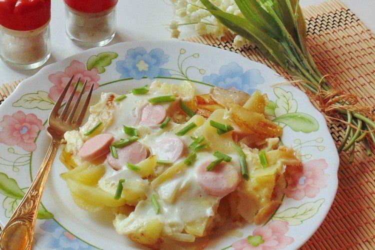 Vyprážané zemiaky s vajíčkami a klobásami Vyprážané zemiaky s vajíčkami a klobásami