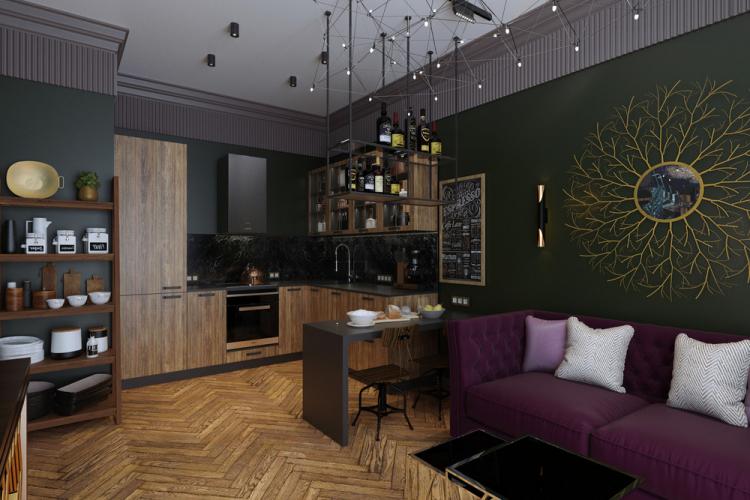 Green Coast: virtuves-dzīvojamās istabas dizains